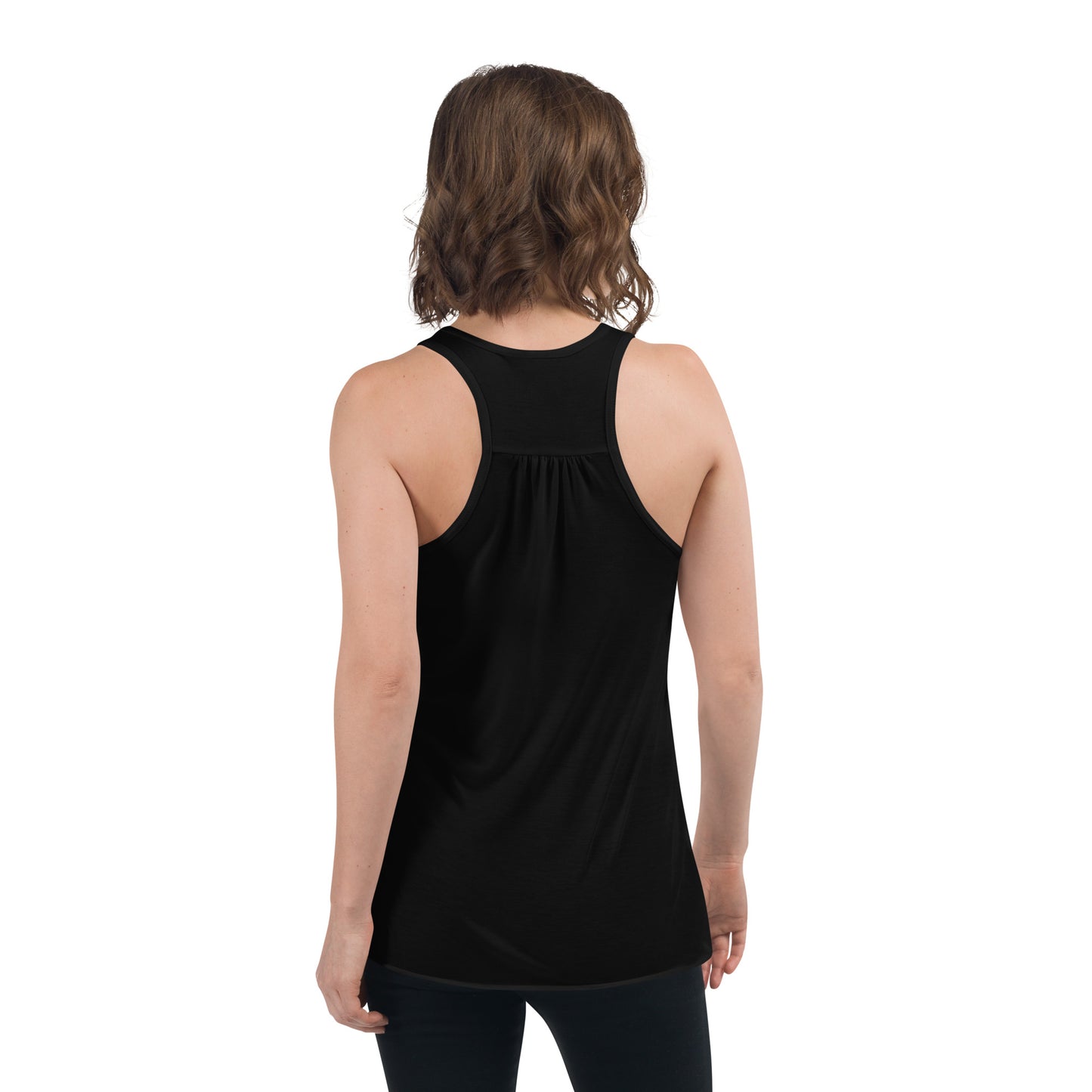Rear view of the "Faith/Fear" women's flowy racerback tank being worn