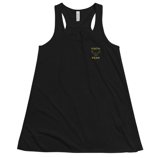 The same women's racerback tank top with the "Faith/Fear" design highlighted in a metallic print